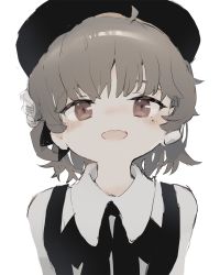 Rule 34 | 1girl, :d, ahoge, beret, black bow, black hat, blush, bow, brown eyes, brown hair, collared shirt, eyebrows hidden by hair, flower, hair flower, hair ornament, hair rings, hat, hatoba tsugu, highres, looking at viewer, mole, mole under eye, open mouth, rose, sha2mo, shirt, simple background, smile, solo, suspenders, upper body, virtual youtuber, white background, white flower, white rose, white shirt