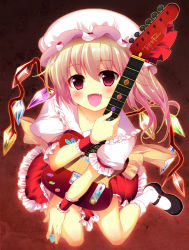 Rule 34 | 1girl, blonde hair, blush, electric guitar, fang, female focus, flandre scarlet, guitar, hat, instrument, kneeling, mary janes, open mouth, pikazo, red eyes, shoes, smile, solo, embodiment of scarlet devil, touhou