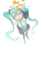 Rule 34 | 1girl, absurdres, aqua necktie, bare shoulders, black skirt, black sleeves, black thighhighs, breasts, collared shirt, detached sleeves, foreshortening, from above, full body, green hair, grey eyes, grey shirt, hair between eyes, hair ornament, hatsune miku, highres, kukuish, long hair, looking at viewer, looking up, medium breasts, necktie, open mouth, outstretched hand, pleated skirt, shirt, skirt, sleeveless, sleeveless shirt, sleeves past fingers, sleeves past wrists, smile, solo, thighhighs, twintails, vocaloid, white background