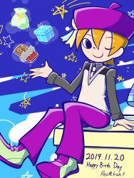 Rule 34 | 1boy, absurdres, brown hair, candy, celosia mallia, chocolate, chocolate bar, dated, food, gift, grey shirt, happy birthday, hat, highres, long sleeves, male focus, necktie, official style, one eye closed, pants, pop&#039;n music, purple hat, purple pants, reo-kun, shirt, shoes, shooting star, short hair, sitting, smile, sneakers, star (symbol), vest, white necktie