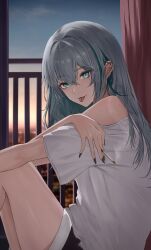 Rule 34 | 1girl, aqua eyes, artist request, bare legs, bare shoulders, cigarette, commentary request, curtains, dark green hair, ear piercing, evening, fingernails, grey hair, hair between eyes, hair intakes, highres, holding, holding cigarette, indoors, long hair, looking at viewer, mole, mole under eye, multicolored hair, nail polish, off shoulder, original, piercing, railing, shirt, shorts, sitting, smoke, solo, streaked hair, tongue, tongue out, tongue piercing, tsumu 44, white shirt
