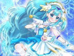 Rule 34 | 1girl, blue background, blue eyes, blue hair, blue theme, blush, cure ange, dress, earrings, eyelashes, feathers, hair ornament, hair wings, hand on own chest, head wings, highres, hugtto! precure, jewelry, long hair, looking at viewer, magical girl, pouch, precure, short dress, smile, solo, sparkle, thick eyelashes, umiyuki (umi chu), very long hair, white dress, wings, wrist cuffs, yakushiji saaya