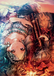 Rule 34 | 1girl, absurdres, bare shoulders, braid, chemise, closed mouth, crown braid, garuku, grey hair, hair ornament, highres, holding, holding instrument, instrument, light smile, long hair, looking at viewer, lying, on back, original, industrial pipe, purple eyes, smile, solo, wavy hair, zampogna