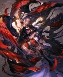 Rule 34 | 2girls, artist request, blonde hair, capelet, chest tattoo, choker, colored skin, cygames, feathered wings, hair over eyes, hair over one eye, hand on another&#039;s chest, holding person, looking at viewer, mole, multiple girls, multiple wings, official art, pointy ears, ponytail, purple eyes, red skin, seraph, shadowverse, tattoo, valnareik omen of lust, white hair, wings