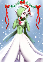 Rule 34 | 1girl, absurdres, alan campos, breasts, candy, candy cane, christmas, creatures (company), food, game freak, gardevoir, gen 3 pokemon, green hair, hair over one eye, hat, highres, looking at viewer, medium breasts, nintendo, pokemon, pokemon (creature), red eyes, santa hat, scarf, sexually suggestive, snowing, solo