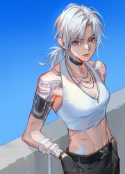 Rule 34 | 1girl, absurdres, arm guards, arm rest, bandaged arm, bandages, bandaid, bandaid on cheek, bandaid on face, bandaid on nose, bare shoulders, belt, blue background, blue eyes, breasts, chest tattoo, choker, cleavage, crop top, day, gloves, grey gloves, halterneck, highres, jewelry, lccdi, long hair, looking at viewer, low ponytail, medium breasts, midriff, necklace, path to nowhere, photoshop (medium), ponytail, shoulder tattoo, sky, solo, tank top, tattoo, toned, white hair, zoya (path to nowhere)