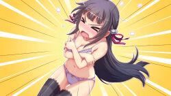 Rule 34 | &gt; &lt;, 1girl, blush, bow, bra, breasts, brown hair, cleavage, closed eyes, covering privates, embarrassed, gal gun, gal gun double peace, game cg, hair bow, kamizono shinobu, large breasts, long hair, navel, open mouth, panties, screaming, sitting, solo, underwear