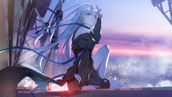 Rule 34 | 1girl, arm support, bare shoulders, black jacket, black skirt, blue eyes, building, city, city lights, cityscape, highres, jacket, leg up, long hair, looking to the side, original, pleated skirt, pole, scaffolding, scenery, shiomi (lowrise), shirt, sitting, skirt, sky, sleeveless, sleeveless shirt, smoke, strap, virtual youtuber, white hair