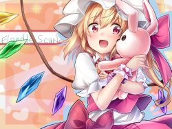 Rule 34 | 1girl, :d, blonde hair, blush, character name, crystal, flandre scarlet, hair between eyes, hat, heart, heart background, highres, holding, holding stuffed toy, long hair, looking at viewer, mob cap, open mouth, puffy short sleeves, puffy sleeves, red eyes, red skirt, red vest, sea scorpion (umisasori), shirt, short sleeves, side ponytail, skirt, smile, solo, stuffed animal, stuffed rabbit, stuffed toy, touhou, vest, white shirt, wings