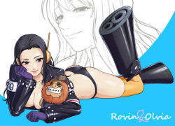 Rule 34 | 2girls, black hair, black jacket, black panties, blush, breasts, character doll, character name, cleavage, egghead island, english text, eyelashes, gloves, head rest, headgear, highres, jacket, jaguar d. saul, leg up, long hair, looking at viewer, lying, medium breasts, mother and daughter, multiple girls, nico olvia, nico robin, nico robin (egghead), on stomach, one piece, open clothes, panties, purple gloves, revealing clothes, science fiction, smile, sumino akasuke, two-tone background, underwear