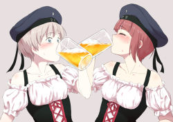 Rule 34 | 10s, 2girls, alcohol, alternate costume, bare shoulders, beer, beer mug, blue eyes, clothes writing, cup, dirndl, drinking, closed eyes, german clothes, hat, hat ribbon, kantai collection, mug, multiple girls, nathaniel pennel, oktoberfest, ribbon, short hair, traditional clothes, underbust, z1 leberecht maass (kancolle), z3 max schultz (kancolle)