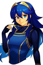 Rule 34 | 1girl, artist name, blue eyes, blue hair, brand of the exalt, breasts, commentary, cropped torso, english commentary, fire emblem, fire emblem awakening, hair between eyes, highres, long hair, long sleeves, looking at viewer, lucina (fire emblem), nintendo, sidelocks, small breasts, smgold, smile, solo, symbol in eye, tiara, upper body, white background