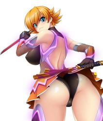 Rule 34 | 00s, 1girl, armor, ass, back, bare shoulders, blonde hair, blue eyes, breasts, dual wielding, female focus, from behind, gauntlets, holding, igawa sakura, kagami hirotaka, large breasts, leotard, looking back, short hair, skin tight, skirt, smile, solo, sword, taimanin (series), taimanin asagi, taimanin asagi kessen arena, weapon