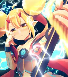 Rule 34 | 1girl, blonde hair, breasts, dlllll lllllb, hand on own face, highres, holding, horns, lightning, looking at viewer, pointy ears, small breasts, solo, upper body, xenoblade chronicles (series), xenoblade chronicles 2, yellow eyes