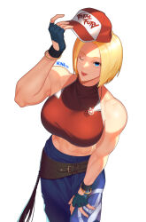Rule 34 | 1girl, abs, absurdres, baggy pants, belt, biceps, blonde hair, blue mary, breasts, crop top, fatal fury, fatal fury cap, highres, large breasts, loose belt, muscular, muscular female, nuna, obliques, one eye closed, pants, sleeveless turtleneck crop top, snk, straight hair, the king of fighters, the king of fighters xiv, the king of fighters xv, toned, tongue, tongue out, turtleneck crop top