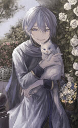 Rule 34 | 1boy, absurdres, animal, basket, blue eyes, blue hair, blue scarf, cat, coat, commentary request, flower, garden, hair between eyes, highres, holding, holding animal, holding basket, holding cat, ill 0619, kaito (vocaloid), looking at viewer, male focus, red flower, red rose, rose, scarf, smile, solo, teeth, tree, upper body, vocaloid, whiskers, white cat, white coat, white flower, white rose