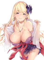 Rule 34 | 1girl, blonde hair, blush, bra, breasts, bridal garter, cardigan, cardigan around waist, cleavage, clothes around waist, collarbone, earrings, hair ribbon, heart, heart earrings, highres, jewelry, large breasts, long hair, looking at viewer, nail polish, necklace, original, plaid, plaid skirt, purple bra, purple eyes, ribbon, school uniform, simple background, skirt, smile, solo, thomasz, underwear, undressing, white background