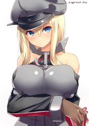 Rule 34 | 10s, 1girl, :/, agarwood, bare shoulders, bismarck (kancolle), blonde hair, blue eyes, blush, breast hold, breasts, brown gloves, closed mouth, collarbone, detached sleeves, gloves, hair between eyes, hat, kantai collection, large breasts, long hair, long sleeves, looking at viewer, military, military hat, military uniform, one-hour drawing challenge, peaked cap, sidelocks, solo, twitter username, uniform, upper body