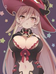 Rule 34 | 1girl, arms behind back, black dress, black hat, blush, breasts, brown eyes, brown hair, cleavage, cleavage cutout, clothing cutout, dress, fang, hair between eyes, hat, head tilt, highres, large breasts, long hair, looking at viewer, navel, navel cutout, nijisanji, nui sociere, nui sociere (1st costume), outline, parted lips, purple background, red ribbon, ribbon, sleeveless, sleeveless dress, solo, tadanoshi kabane, upper body, very long hair, virtual youtuber, witch hat