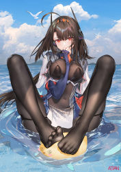 Rule 34 | 1girl, ahoge, arm between breasts, atdan, azur lane, between breasts, bird, black pantyhose, blue sky, bodysuit, breasts, brown hair, capelet, chick, covered navel, covering own mouth, day, embarrassed, feet, feet on toy, fingerless gloves, frown, gloves, hairband, headgear, highres, independence (azur lane), large breasts, long hair, long sleeves, looking at viewer, manjuu (azur lane), no shoes, outdoors, pantyhose, red eyes, retrofit (azur lane), revision, seagull, sitting, skindentation, sky, slit pupils, solo, toes, very long hair, water