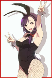 Rule 34 | 1girl, :d, animal ears, armpits, bow, bowtie, breasts, cleavage, cuffs, duke (inu daimyou), duplicate, fake animal ears, fishnet pantyhose, fishnets, green eyes, leotard, long hair, looking at viewer, love live!, medium breasts, open mouth, pantyhose, pixel-perfect duplicate, playboy bunny, ponytail, rabbit ears, scrunchie, shadow, side ponytail, simple background, sleeveless, smile, tojo nozomi, v, white background
