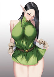Rule 34 | 1girl, bare shoulders, belt, black hair, blue eyes, blueorca, breasts, bright pupils, brown belt, commentary, cowboy shot, dress, elf, gradient background, green dress, highres, large breasts, long hair, mole, mole under mouth, original, pointy ears, simple background, solo, white pupils