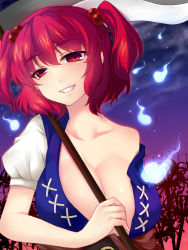 Rule 34 | 1girl, bare shoulders, breasts, cleavage, collarbone, female focus, flower, grin, hair bobbles, hair ornament, hitodama, huge breasts, large breasts, off shoulder, onozuka komachi, red eyes, red hair, rona090, scythe, smile, solo, spider lily, teeth, touhou, twintails, two side up, upper body