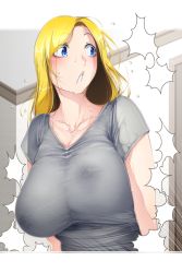 Rule 34 | 1girl, aratama (a-tama), arms at sides, blonde hair, blue eyes, blush, bouncing breasts, breasts, collarbone, covered erect nipples, curvy, door, flying sweatdrops, grey shirt, indoors, large breasts, letterboxed, looking back, mature female, original, parted lips, plump, see-through, shirt, surprised, sweat, t-shirt, upper body, wall