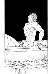 Rule 34 | comic, dio brando, greyscale, hair over eyes, jojo no kimyou na bouken, looking up, merumeru626, monochrome, muscular, scar, scar on neck, screentones, silent comic, stardust crusaders, stitched neck, stitches, topless male