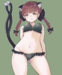 Rule 34 | 1girl, :p, alternate costume, animal ear fluff, animal ears, arm behind back, bare shoulders, bikini, black bow, blunt bangs, bow, braid, breasts, cat ears, cat tail, contrapposto, cowboy shot, extra ears, gluteal fold, green background, groin, hair bow, hair ribbon, highres, kaenbyou rin, light blush, long hair, looking at viewer, meropantsu, multiple tails, navel, nekomata, red eyes, red hair, ribbon, simple background, small breasts, solo, swimsuit, tail, thighs, tongue, tongue out, touhou, tress ribbon, twin braids, twintails, two tails