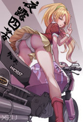 Rule 34 | 1girl, absurdres, ass, bare legs, bent over, blonde hair, boots, commentary request, feet out of frame, from behind, from below, green hair, hand up, highres, leaning forward, legs, legs apart, long hair, looking at viewer, looking back, middle finger, miniskirt, motor vehicle, motorcycle, multicolored hair, nikaidou saki, orange hair, panties, parted lips, plaid, plaid shirt, pleated skirt, ponytail, red footwear, shirt, skirt, solo, straddling, streaked hair, thighs, underwear, upskirt, very long hair, white panties, xzu, yamaha, yellow eyes, yellow skirt, zombie land saga