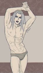 Rule 34 | 1boy, abs, amal-amaru, arms up, black lips, floral background, grey eyes, grey hair, groin, hat, highres, jojo no kimyou na bouken, leone abbacchio, lipstick, long hair, makeup, male focus, muscular, nipples, solo, underwear, underwear only