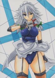 Rule 34 | 1girl, adapted costume, apron, bare shoulders, between fingers, black gloves, blue eyes, blue panties, braid, breasts, cameltoe, elbow pads, female focus, fingerless gloves, garter straps, gloves, hair ribbon, holding, izayoi sakuya, knife, large breasts, leotard, maid, maid apron, maid headdress, no pants, panties, ribbon, shirt, short hair, silver hair, smile, smirk, solo, thighhighs, throwing knife, touhou, traditional media, twin braids, underwear, uneven eyes, weapon, wrestling outfit, yutakasan-love