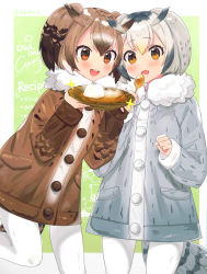 Rule 34 | 10s, 2girls, :d, :o, text background, bad id, bad pixiv id, bird tail, black hair, blonde hair, blush, brown coat, brown eyes, brown hair, coat, cowboy shot, curry, curry rice, eurasian eagle owl (kemono friends), fang, food, green background, grey coat, highres, holding, holding plate, holding spoon, kemono friends, leaning forward, leg up, long sleeves, multicolored hair, multiple girls, northern white-faced owl (kemono friends), open mouth, orange eyes, outside border, pantyhose, plate, pocket, rice, round eyewear, short hair, short twintails, smile, sparkle, spoon, standing, standing on one leg, steam, streaked hair, tail, tareme, twintails, v-shaped eyebrows, wenquangua, white hair, white legwear
