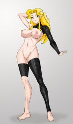 Rule 34 | 1girl, blonde hair, breasts, green eyes, highres, large breasts, latex, nipples, pussy, solo, stand, supernova (artist), uncensored