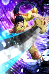 Rule 34 | 1boy, black hair, blue eyes, cleaned, floral print, hair ornament, japanese clothes, katana, kikunojo (one piece), kimono, long hair, looking at viewer, male focus, official art, one piece, open mouth, ponytail, red ribbon, ribbon, sandals, sash, scabbard, sheath, socks, solo, star (symbol), swinging, sword, trap, weapon