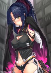 Rule 34 | 1girl, :o, arm strap, bandages, bandaged arm, bandages, black hair, black panties, blush, breasts, cape, cleavage, cleavage cutout, clothing cutout, commentary request, cosplay, fate/grand order, fate (series), hair ribbon, jack the ripper (fate/apocrypha), jack the ripper (fate/apocrypha) (cosplay), katou danzou (fate), long hair, looking at viewer, navel, panties, purple ribbon, ribbon, sebire, solo, twitter username, underwear, yellow eyes