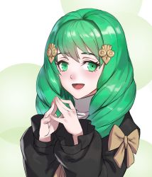 Rule 34 | 1girl, :d, bow, brown bow, c.x.c, fingers together, fire emblem, fire emblem: three houses, flayn (fire emblem), green eyes, green hair, hair ornament, highres, long sleeves, nintendo, open mouth, own hands together, simple background, smile, solo, upper body