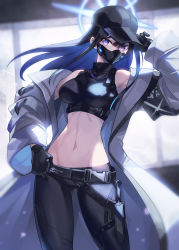 Rule 34 | 1girl, absurdres, bare shoulders, black gloves, blue archive, blue hair, breasts, coat, gloves, halo, hat, highres, long hair, mask, matsumoto tomoyohi, midriff, navel, purple eyes, saori (blue archive), solo