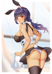 Rule 34 | 1girl, absurdres, animal ears, apron, apron hold, ass, back, black skirt, black thighhighs, blunt bangs, blurry, blush, breasts, covered erect nipples, cowboy shot, dark skin, depth of field, frilled apron, frills, highres, linsuan er qing an, long hair, looking at viewer, looking back, medium breasts, midriff, miniskirt, open mouth, original, outside border, panties, pantyshot, purple hair, rabbit ears, rabbit tail, red eyes, skirt, standing, tail, thighhighs, thong, twintails, underwear, waist apron, white panties, window