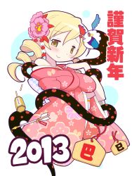 Rule 34 | 10s, 1girl, 2013, arrow (projectile), blush, breasts, charlotte (madoka magica), drill hair, ema, flower, gecchu, hair flower, hair ornament, hand on own chest, happy new year, highres, japanese clothes, kimono, mahou shoujo madoka magica, mahou shoujo madoka magica (anime), new year, off shoulder, smile, tomoe mami, twin drills, twintails, yellow eyes