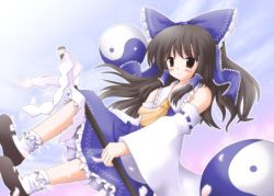 Rule 34 | 1girl, alternate color, female focus, gradient background, hakurei reimu, immaterial and missing power, lzh, outdoors, player 2, sky, solo, touhou, white background, yin yang