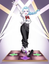Rule 34 | 10s, 1girl, blue hair, braid, colored skin, commentary request, dance dance revolution, dancing, death parade, earrings, highres, jewelry, kyuutou (kyuutouryuu), nona (death parade), open mouth, pale skin, purple eyes, sandals, smile, solo, toes, white skin