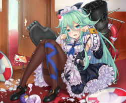Rule 34 | 10s, 1girl, adapted costume, alternate costume, aqua eyes, aqua hair, black footwear, black ribbon, black skirt, blue neckerchief, broken plate, brown pantyhose, cake, em s, enmaided, failure penguin, food, food on head, fruit, hair between eyes, hair ribbon, kantai collection, long hair, maid, neckerchief, object on head, open mouth, pantyhose, plate, pleated skirt, ribbon, shoes, skirt, solo, strawberry, thighband pantyhose, yamakaze (kancolle)