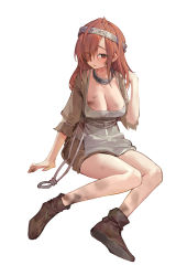 Rule 34 | 1girl, absurdres, apron, bad id, bad twitter id, blush, boots, breasts, brown eyes, brown footwear, brown hair, brown shirt, charles (106858), cleavage, closed mouth, collarbone, commentary, dirty, dress shirt, full body, hair ornament, hair over one eye, highres, large breasts, legs, long hair, looking at viewer, one eye closed, original, shirt, simple background, sitting, smile, solo, white apron, white background