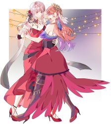 Rule 34 | 2girls, absurdres, closed eyes, couple, dancing, dress, earrings, feather earrings, feathers, flower, formal, gradient hair, highres, holding hands, hololive, hololive english, jewelry, long hair, looking at another, manto ouo, mori calliope, mori calliope (party dress), multicolored hair, multiple girls, official alternate costume, orange hair, pink hair, red dress, red eyes, red flower, red footwear, red rose, rose, sleeveless, sleeveless dress, smile, takanashi kiara, takanashi kiara (party dress), virtual youtuber, yuri