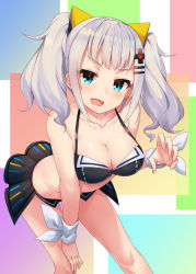 Rule 34 | 1girl, adapted costume, amagasa yun, animal ears, bare arms, bare shoulders, bent over, bikini, bikini skirt, black bikini, blue eyes, blush, breasts, cat ears, claw pose, cleavage, collarbone, fake animal ears, fang, hair ornament, hairclip, halterneck, hand on own knee, highres, kaguya luna, legs apart, long hair, looking at viewer, multicolored background, ribbon, short twintails, solo, standing, swimsuit, the moon studio, tsurime, twintails, virtual youtuber, white ribbon, wrist ribbon