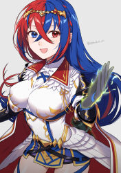 Rule 34 | 1girl, alear (awoken divinity) (fire emblem), alear (female) (fire emblem), alear (fire emblem), aura, blue eyes, blue hair, braid, breasts, crossed bangs, feather hair ornament, feathers, female focus, fire emblem, fire emblem engage, fire emblem heroes, glowing, glowing hand, glowing hands, hair ornament, heterochromia, highres, long hair, looking at viewer, matching hair/eyes, medium breasts, multicolored hair, nintendo, official alternate costume, peach11 01, red eyes, red hair, smile, solo, split-color hair, tiara, two-tone hair, very long hair, white feathers