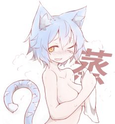 Rule 34 | 1girl, animal ears, blue hair, blush, breasts, cat ears, cat tail, cleavage, embarrassed, fang, large breasts, looking at viewer, nose blush, nude, one eye closed, original, ryota tentei, short hair, smile, soles, solo, steam, tail, tora tentei, towel, upper body, wet, white background, white towel, yellow eyes