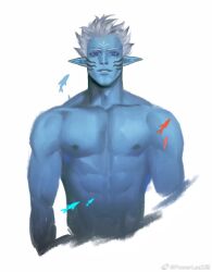 Rule 34 | 1boy, abs, bara, blue skin, check copyright, colored skin, copyright request, cropped torso, fish, fish boy, highres, looking at viewer, male focus, monster boy, muscular, muscular male, nipples, nude, original, pointy ears, powerlesssong, solo, stomach, straight-on, thick eyebrows, tsurime